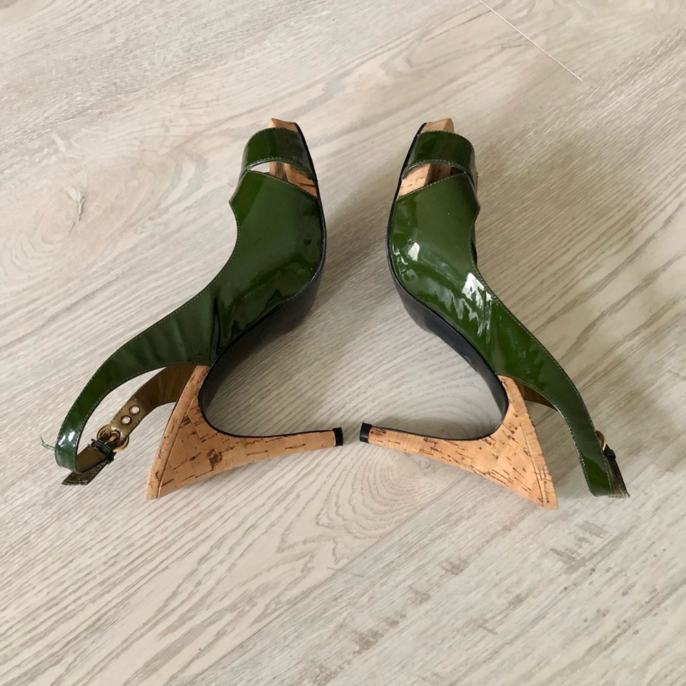 Guess by Marciano Green Leather High Heel Slingback Cork Heels - Picture 3 of 16